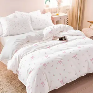 Romantic Bow Floral Print Duvet Cover Set, Soft Comfortable Bedding Set, Includes 1/2 Pillowcases, Princess Style Bedroom Decor