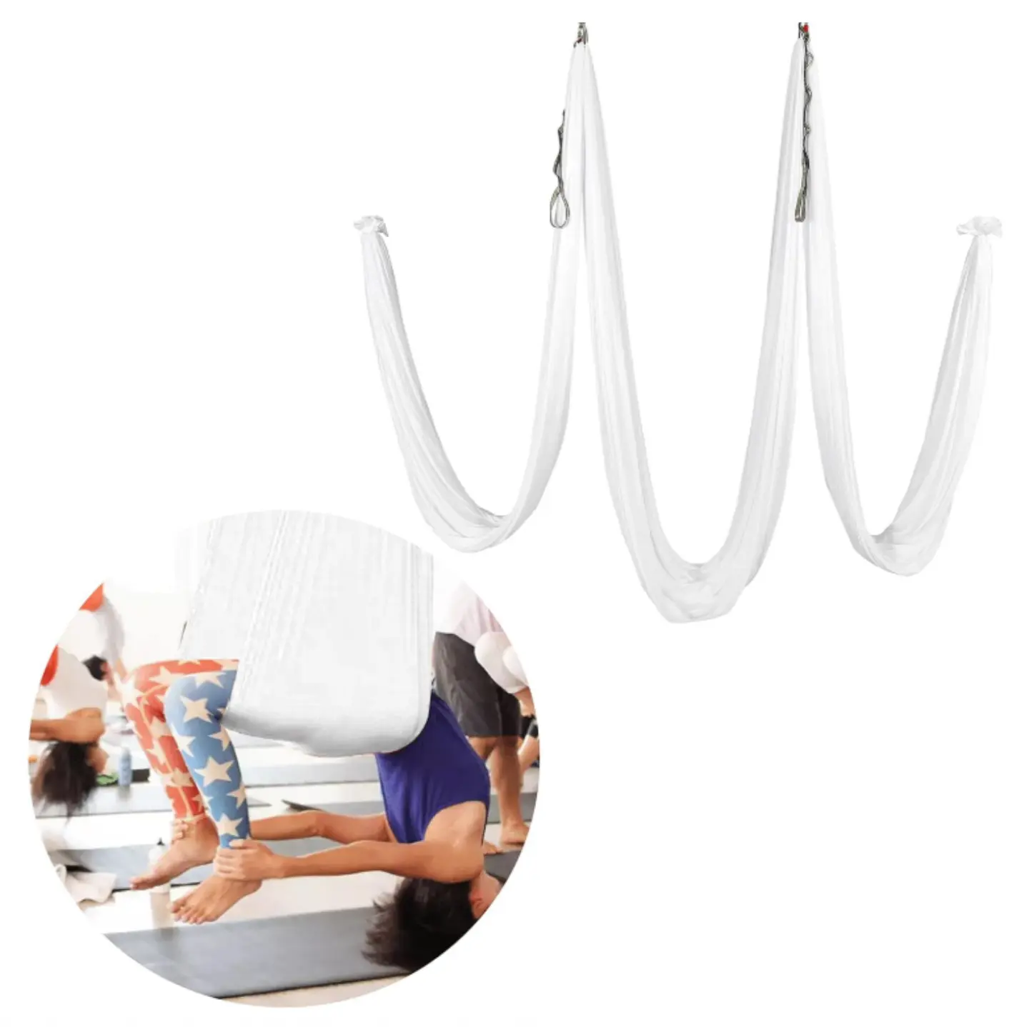 HECASA 12M Yoga Swing Silk Fabric Aerial Hammock Kit w/Daisy Chain O-Ring White 13.12 Yards Folding Anti-Tear Yoga Mat Carrying Strap with D-Rings
