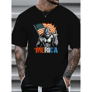 TF T - Shirt with a Fun Twist: Iconic Bigfoot Figure Holding Flag and Making Hand Gesture with 'Merica' for a Light - hearted Patriotic Vibe