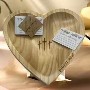 Handmade Heart Prayer Bowl with Cross and Letter Pattern, Vintage Wooden Bowl Includes 2 Praying Cards, Ideal for Home Church or Bedroom
