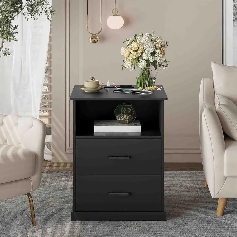 Sikaic Nightstand with Charging Station, 2 Drawers & Open Cubby, Smart Bedside Table with Storage for Bedroom