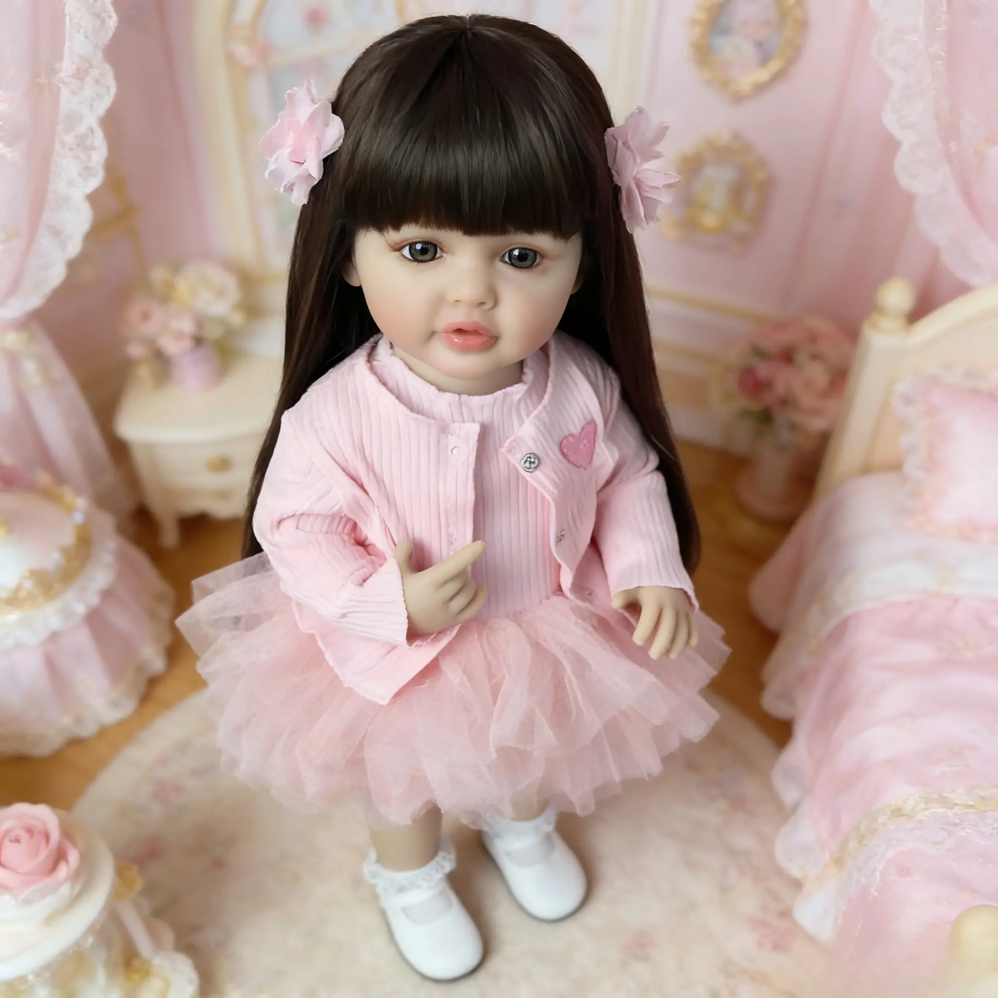 22" Gorgeous Reborn Baby Girl Doll, Realistic Vinyl Doll with Long Brown Hair, Blue-Green Eyes, Pink Tutu Dress, Cardigan, Magnetic Pacifier and Full Accessories Kit, Gorgeous Doll, Reborn Baby Doll Dolls Gifts Lifelike Newborn Doll