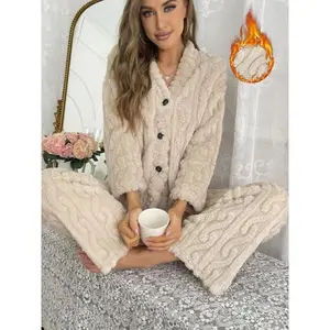 Women’s Thickened Fleece Knit Cardigan Set, Elegant Solid Color Design, Warm for Home and Outdoor Use, Autumn/Winter Fashion