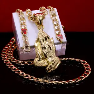 Blessed Holy Prayer Praying Hands Religious High-End Pendant & 14K Stamped 6mm 20" 24" Brass Cuban Chain Hip Hop Style Necklace Fashion Jewelry For Unisex Men Women