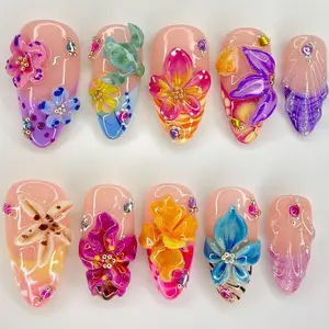 Custom Flower Fairycore Nails | Press On Nails Almond | Dreamy 3D Orchad Floral Press-Ons | Hand-painted Acrylic Spring Fake Nails