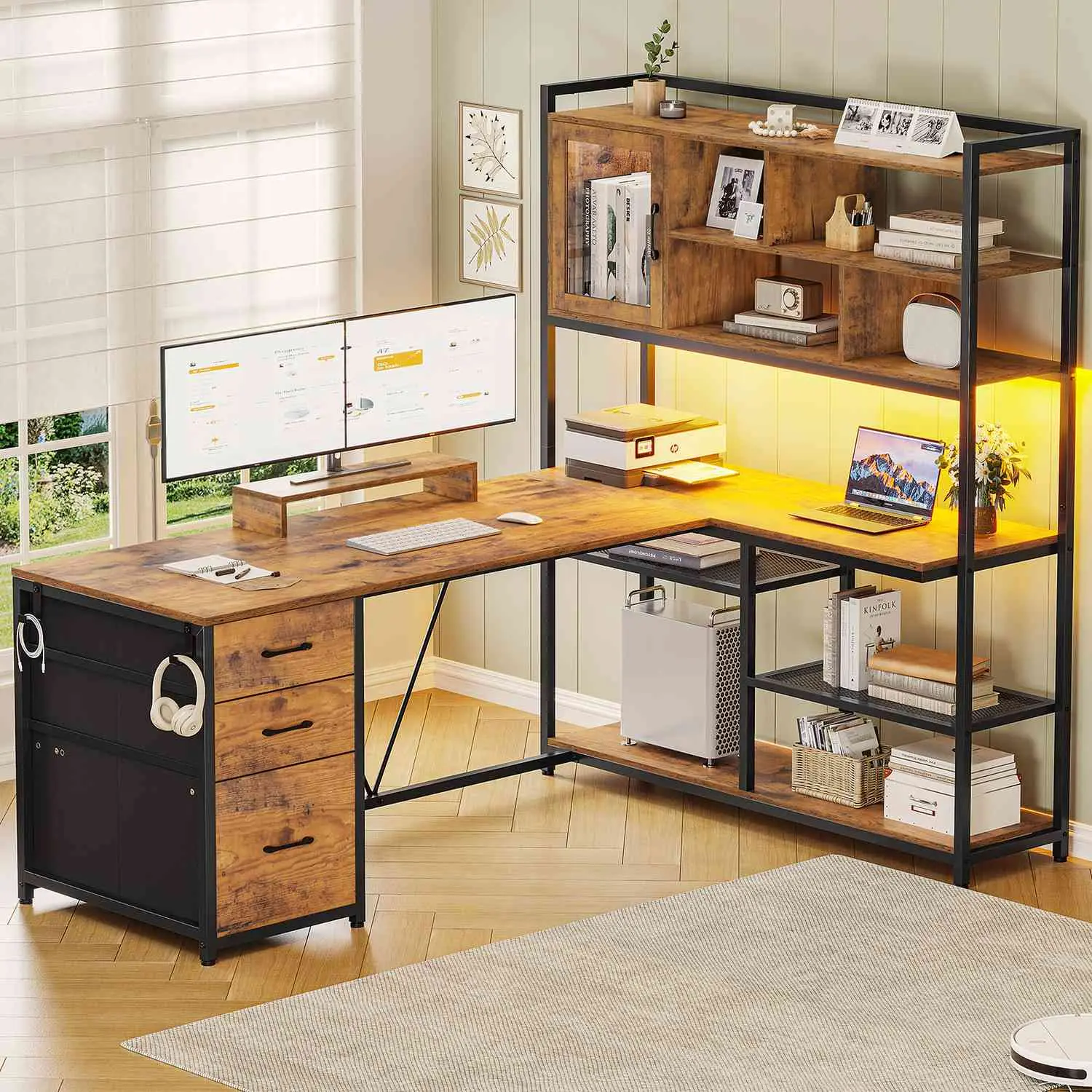 SIKAIC 58-Inch L-Shaped LED Computer Office Desk, Brown Corner Desk for Gaming with Charging Station, Reversible Layout, Assembly Required, Space-Saving for Home Office Decor, Desks For Gaming