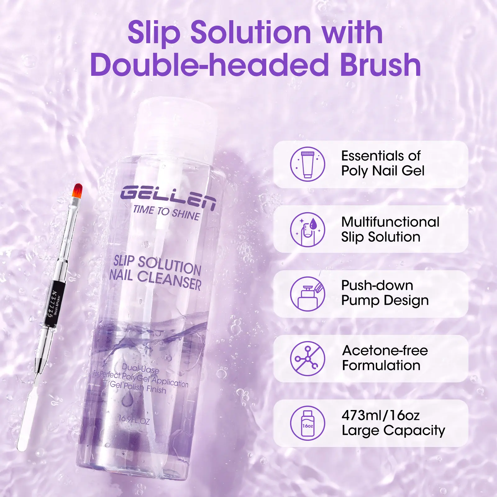 Gellen 473ml/16oz Slip Solution for Polygel Nails with Nail Brush, Pump Bottle Design Polygel Solution, Anti-stick Liquid for Poly Extension Gel & Nail Cleanser in a Bottle, Home Salon Cleaning Liquid Manicure Polish Blend Daily Smooth Pack