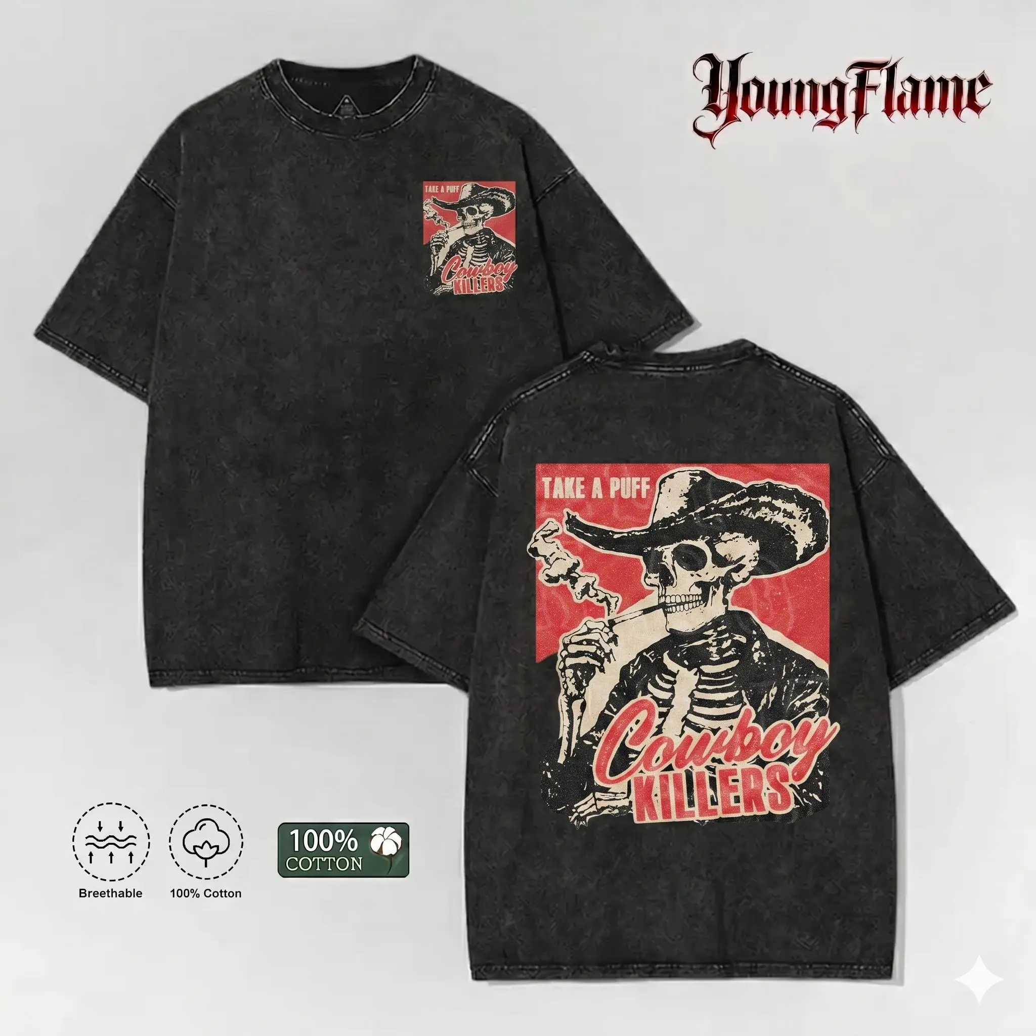 Western Goth Acid Wash Graphic Tee | Vintage Skeleton Cowboy Oversized T-Shirt | 100% Cotton Dark Americana Streetwear 2026 short-sleeved men fashionable t-shirt gift