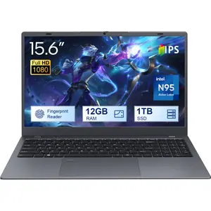 College Portable Laptop 4-Core N95 Processor 15.6" FHD 1920x1080 12GB DDR5 1TB SSD for Study Remote Work Fingerprint Unlock Privacy Shutter BT5.0 Wi-Fi for Daily Use Gray