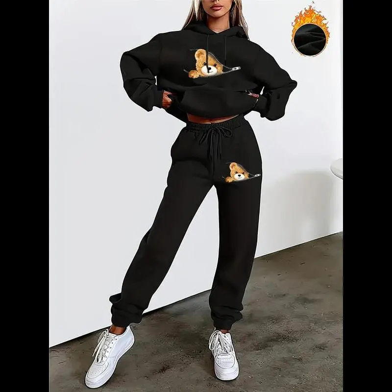 NewWomen's Cartoon Bear Print Drop Shoulder Thermal Lined Hoodie & Drawstring Waist Sweatpants Two-piece Set, Casual Fashion Cozy Breathable Two Piece Outfits for Daily Wear, Ladies Fall & Winter Clothes