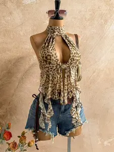 Women's Leopard Print Backless Halter Top, Fitted Sexy Casual Summer Fashion, Perfect for Daily Wear, Travel, Vacation, Dating, Party