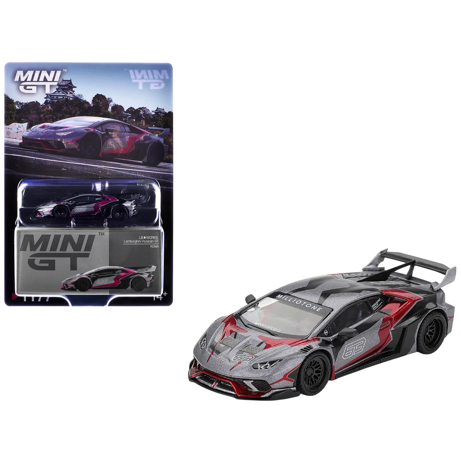 Lamborghini Huracan GT LB-WORKS "RONIN" Gray Metallic with Black and Red Graphics 1/64 Diecast Model Car by Mini GT