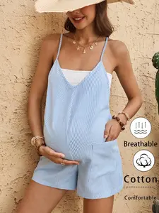 MOMONDO Mama Summer Maternity Clothes Maternity Blue Pinstriped Cotton Jumpsuit For Maternity Vacation