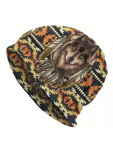 Boho Tribal Style Men's Knit Cap with Polyester and Spandex, Native American Wolf Design, Adjustable Headwear for Outdoor Activities