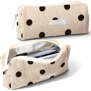 Pencil Bag Pen Case, Soft Corduroy Small Pencil Pouch Organizer with Zipper, Cute Pencil Case Pouch Stationery for Girls and Boys - Dot Beige