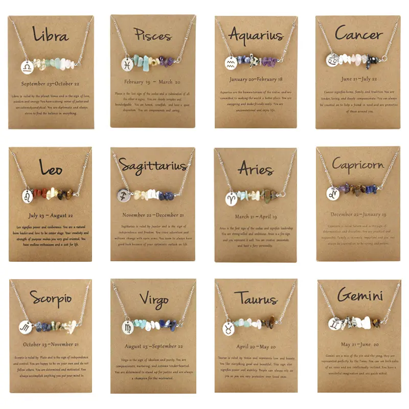 Natural Stone Zodiac Sign Choker Necklace with Wish Cards 12 Constellation Healing Gemstone Raw Crystal Astrology Necklace for Women Girls Horoscope Jewelry Birthday Gifts
