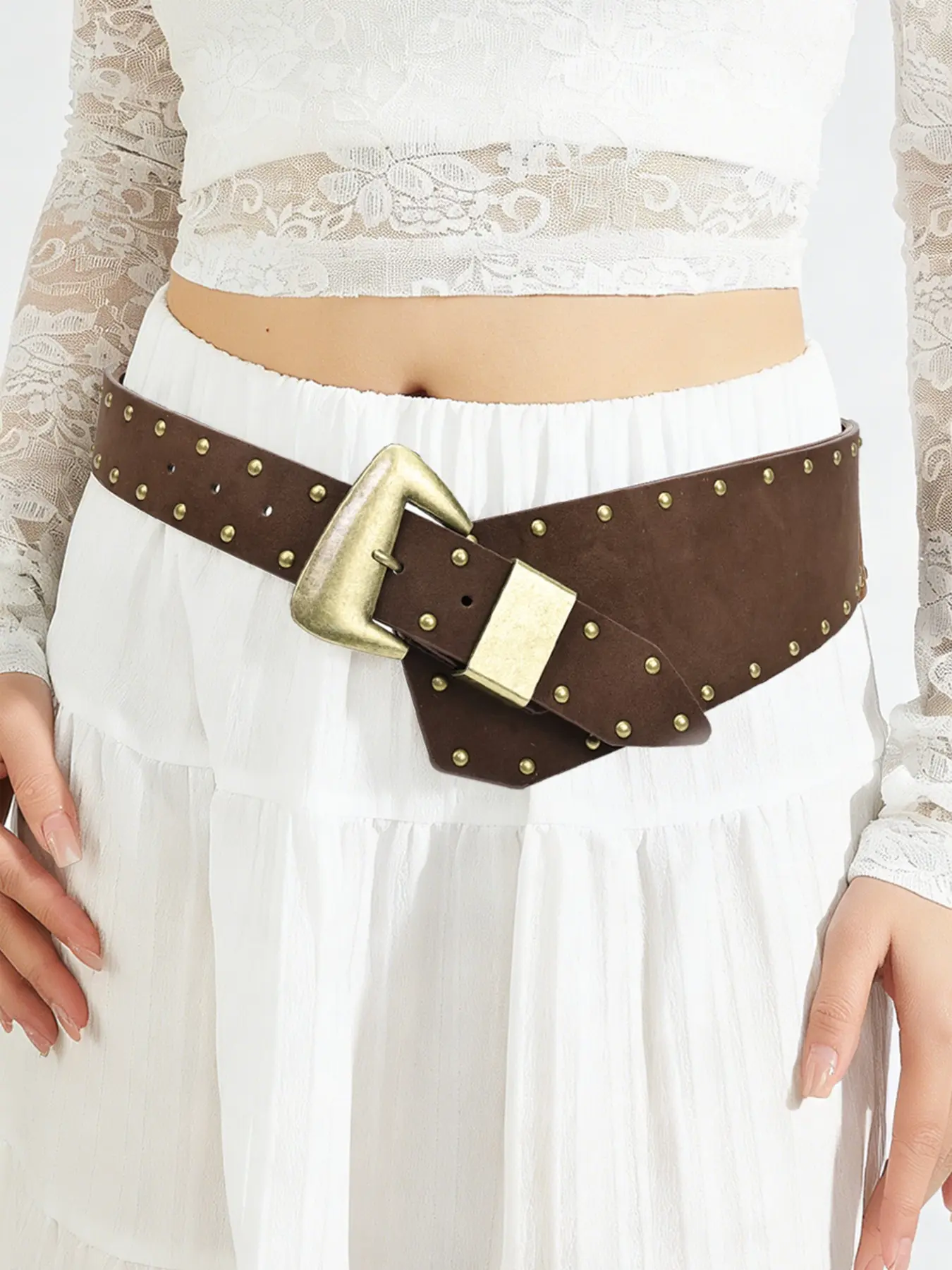 Women's Coffee Belt, Boho Style Buckle, Y2K Street Boho Vintage Rivet Decorative Waistband, Fashion Vintage Belts, Trendy Belt, Pu Belt, Suitable for Dresses, Shorts, Pants, Jackets, T-Shirts