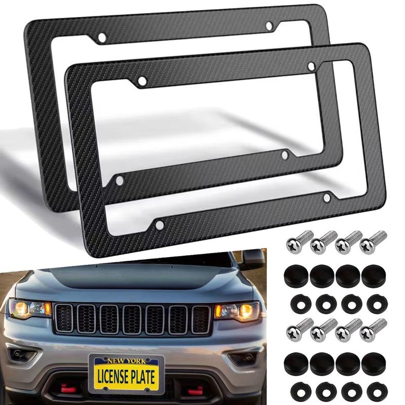 2 Pack Carbon Fiber License Plate Frame, Glossy Waterproof Plastic Number Plate Frame Print Carbon Fiber Pattern for Man and Women (with Fasteners and Screws)