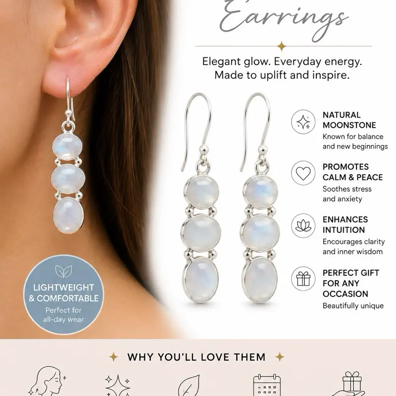 Rainbow Moonstone Triple-Drop Earrings | 925 Sterling Silver | Handmade Gemstone Dangle Earrings