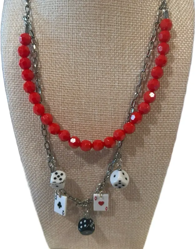 Silver Beaded Red Double-Chain Necklace with Dice and Cards Charms