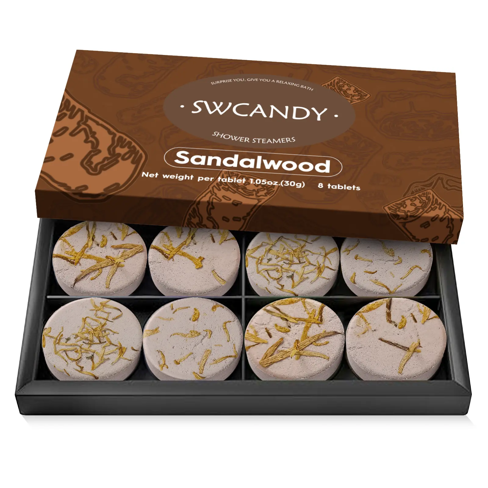 SWCANDY Shower Steamers Box Set, 8 Pack Scented with Natural Essential Oils, Long-Lasting Sandalwood Fragrance for Body Care and Stress Relief, Valentine’s Day, Romantic, Aromatherapy, Aroma, Gift, Home Spa, Concentrated, Relaxes Mind, Birthday, Naturally