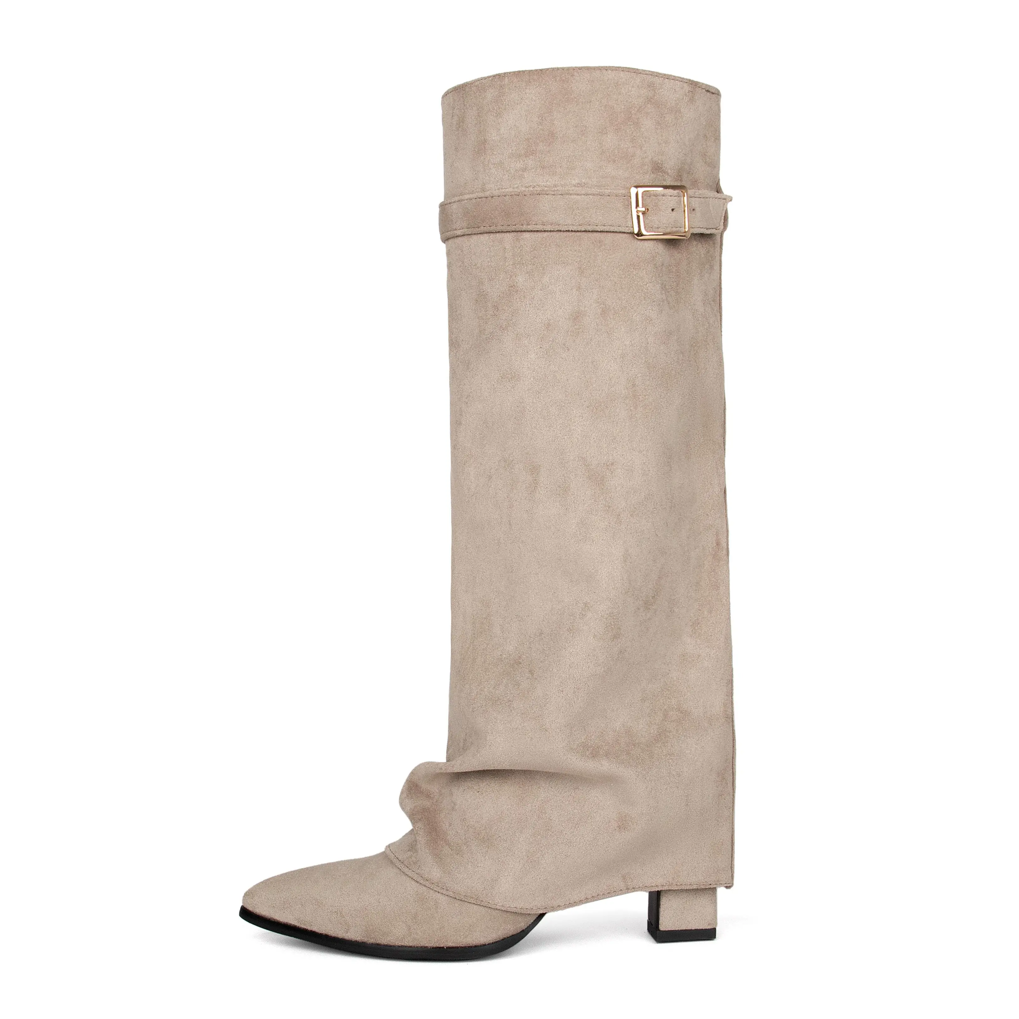 Women's knee-high boots, folding thick-soled pointed-toe high-heeled boots | Fashionable casual boots, side-zip sharkskin boots, spring-autumn winter fashionable long boots, evening gown bride office long boots