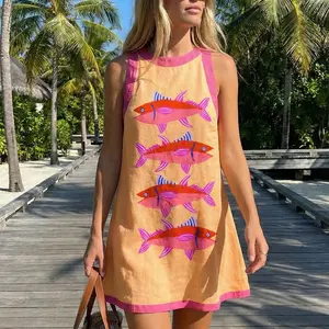 Holiday Fish Print Sleeveless Mini Dress, Pop Style Prints, Cute and Playful Dress, Summer Comfortable Women's Clothing