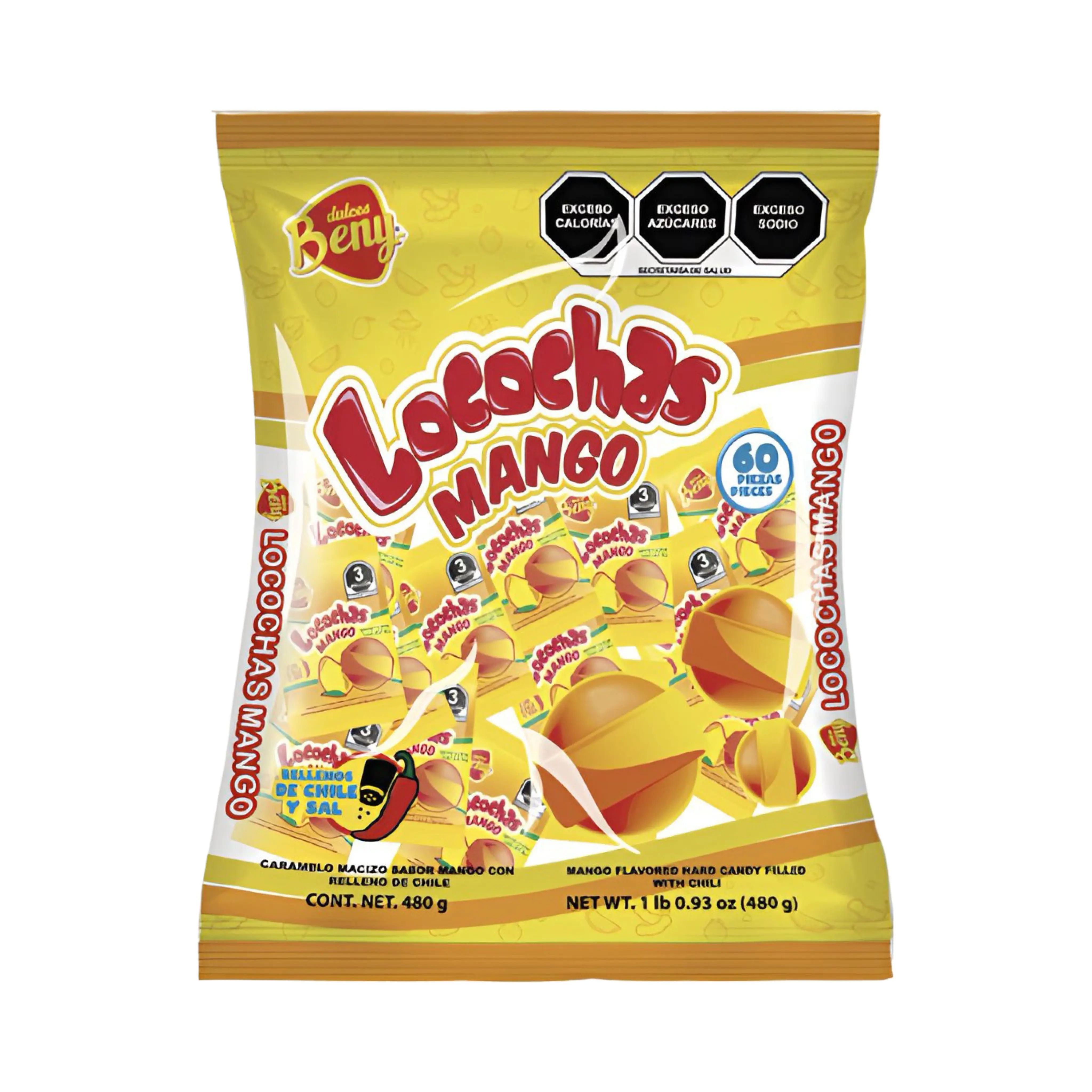 Beny Locochas Mango Hard Candy with Chili Powder Center (60 Count), Mexican Candy Sweet Snack Bonbon Tangy, Dulces Mexicanos
