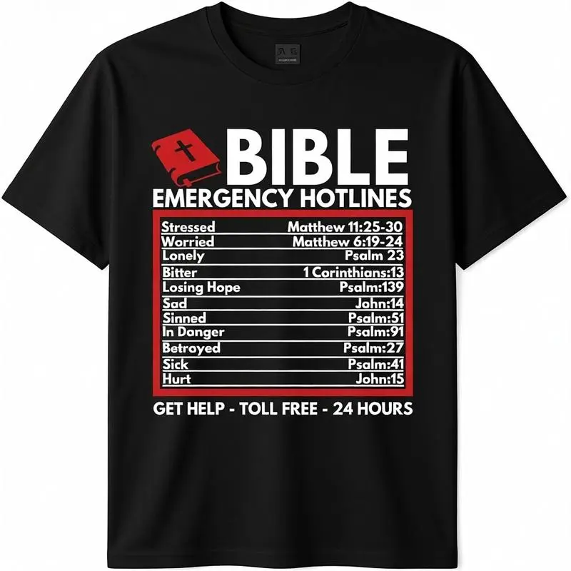 Funny Bible Emergency Numbers Graphic T-Shirt | Unisex Christian Casual Streetwear Short Sleeve Top | Soft Breathable 100% Knitted Cotton, Tshirt, Sporty