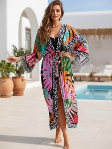 women's plants print belted cover up, boho long sleeve open front cardigan kimono for beach vacation, women's swimwear for all seasons