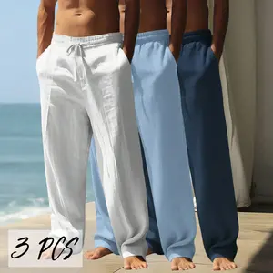 3-Pack Men’s Casual Pants – Summer Elastic Waist Breathable Athletic Long Pants, Lightweight Polyester Fabric; Straight Cut Design; Breathable and Comfortable; Suitable for Daily Wear, Outdoor Travel, Vacations, and Weekend Leisure; Perfect Gift for Fathe