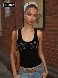 Women's Rhinestone Stars U Neck Solid Tank Top, Ribbed Plain Slim Fit Pullover Tanks Camisole, Party Club Date Holiday Daily Casual Y2K Crop Top Shirt For Ladies Summer Fashion All Seasons Clothes Wear, Casual Chic Sleeveless Crop Tops