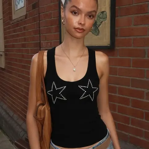Women's Rhinestone Stars U Neck Solid Tank Top, Ribbed Slim Fit Pullover Tanks Camisole, Party Club Date Daily Casual Y2K Crop Top Shirt For Ladies Summer All Seasons, Sleeveless Crop Tops, Cropped Tank Top, Sleeveless Clothing