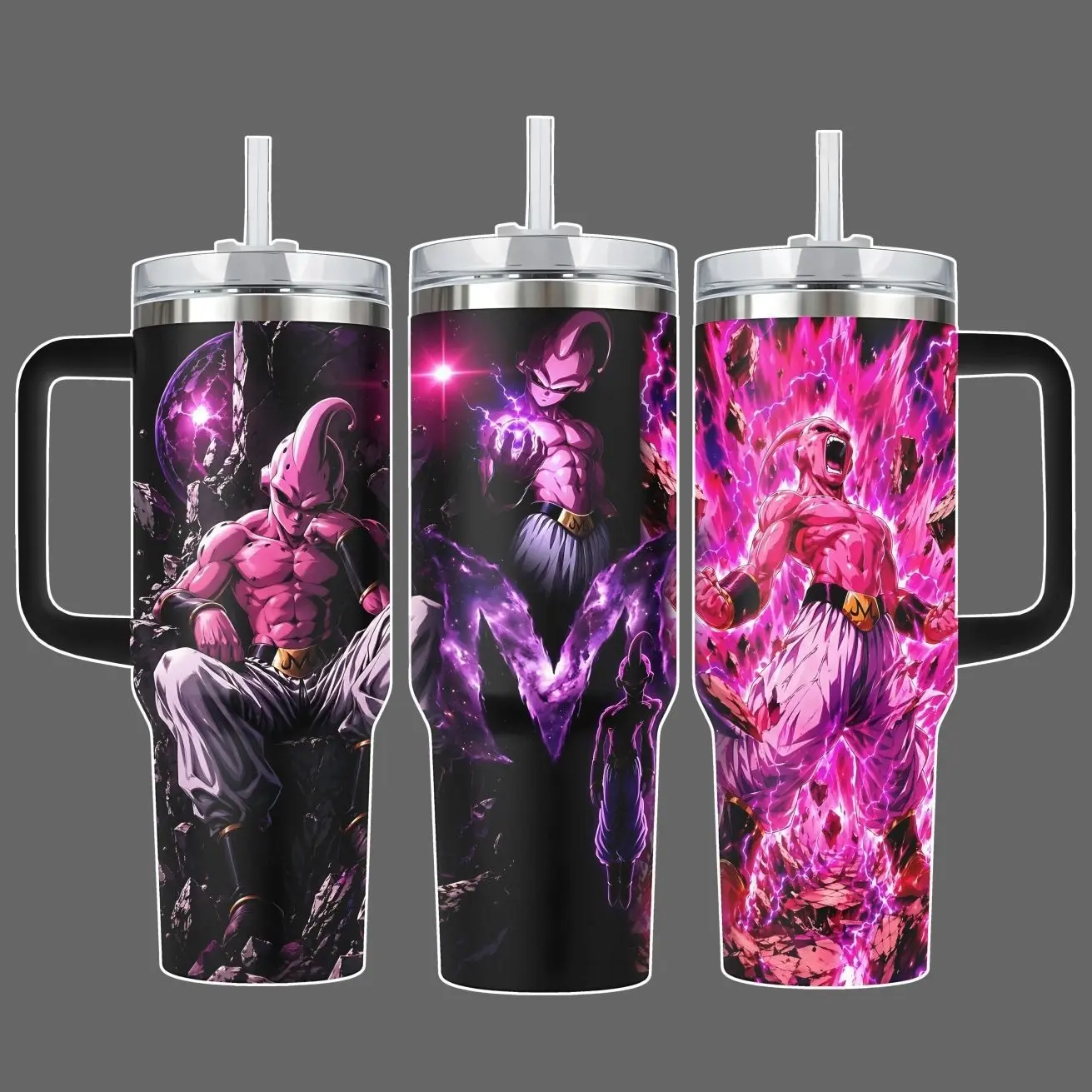Majin Buu Pink Power Anime Stainless Steel Insulated Tumbler With Handle & Straw Lid 20oz 40oz Full Wrap Dark Energy Cup
