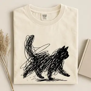 Comfort Colors Abstract Cat T-Shirt Minimalist Line Art Tee