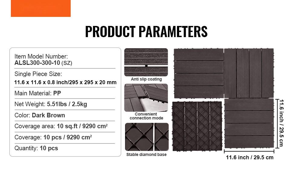 Interlocking Deck Tiles 10 Pack, 11.6 X 11.6 Inches, Waterproof Outdoor Flooring for Porch, Patio, Balcony, Dock, and Garden Areas, Dark Brown, Durable, Easy Snap-Together Installation, Weather Resistant
