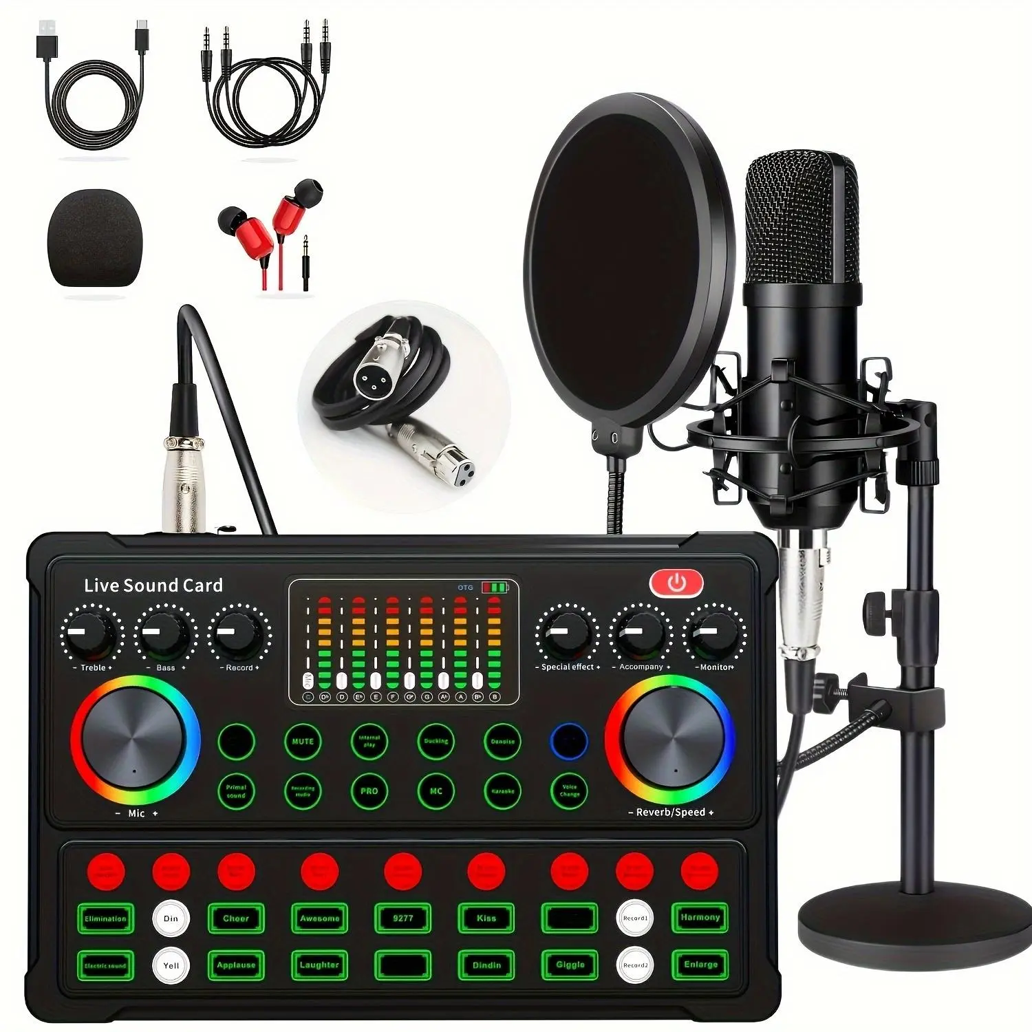 Podcast Equipment Bundle, Podcast Microphone & Sound Card, Playback Equipment Kit with Audio Interface for Recording, Singing, Streaming Media, Games, Sound Card Set