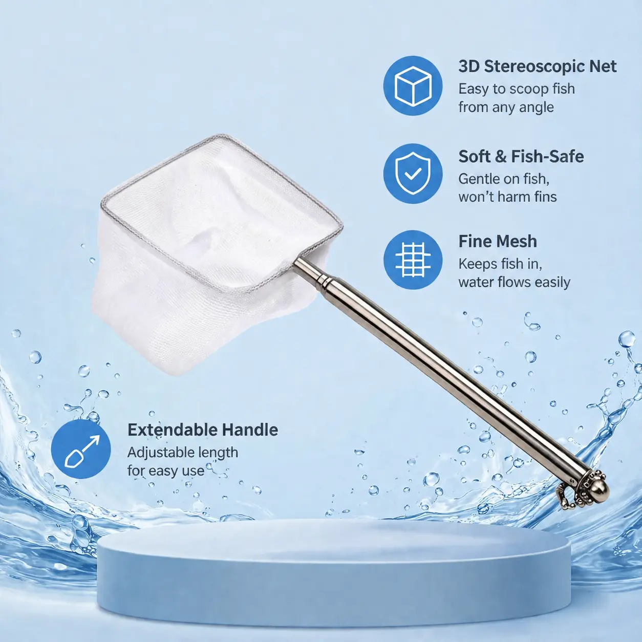 1 Count, Telescopic 3D Fine Mesh Aquarium Fish Net with Stainless Steel Handle for Cleaning Residue and Catching Small Fish in Fish Tank