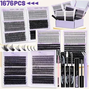 DIY Lash Extension Kit 1676Pcs D Curl Individual Spike Manga Lash Clusters Kit with Bottom Lashes, Lash Bond and Seal, Remover Tweezers Brush