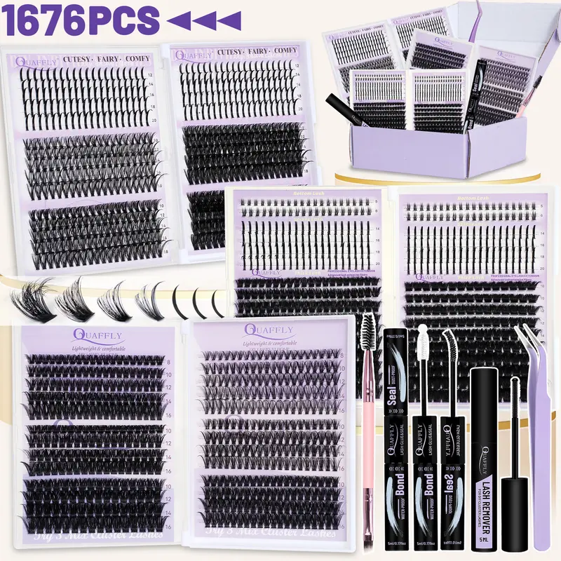 DIY Cluster Eyelashes Extensions Kit - 1676Pcs D-Curl Spike Manga Lashes, Bottom Lashes, Cosmetic Bond, Seal, Remover, Tweezers, Silicone Bristles Brush, Makeup Tools