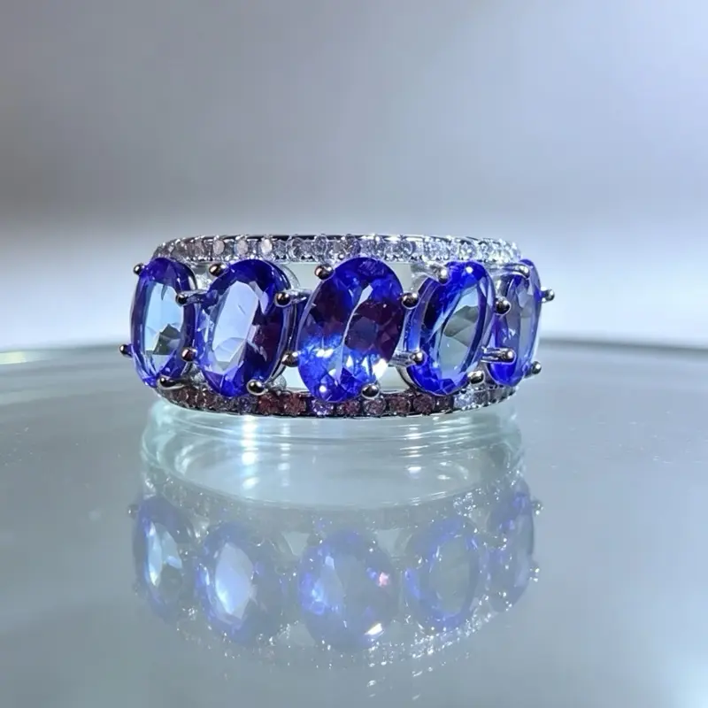 <PingEast Jewerly>Tanzanite ring--925 Silver Natural Tanzanite Row Ring | 5x1ct Deep Blue Gemstones