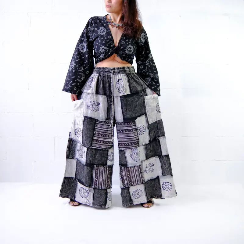 Women's Cotton Patchwork Wide-Leg Trouser - Earth Tones, Bohemian 90s Hippie Whimsigoth, Elastic Waist, Pockets, Plus Size Clothes, Festival Bottom, Fits Curvy Figures (Boho Pants, Whimsy Apparel)