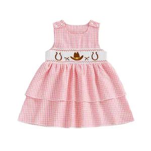Canrulo Toddler Baby Girl Smocked Cowgirl Dress Cowboy Hat Embroidery Gingham Sleeveless Tiered Ruffle Dress Western Outfit