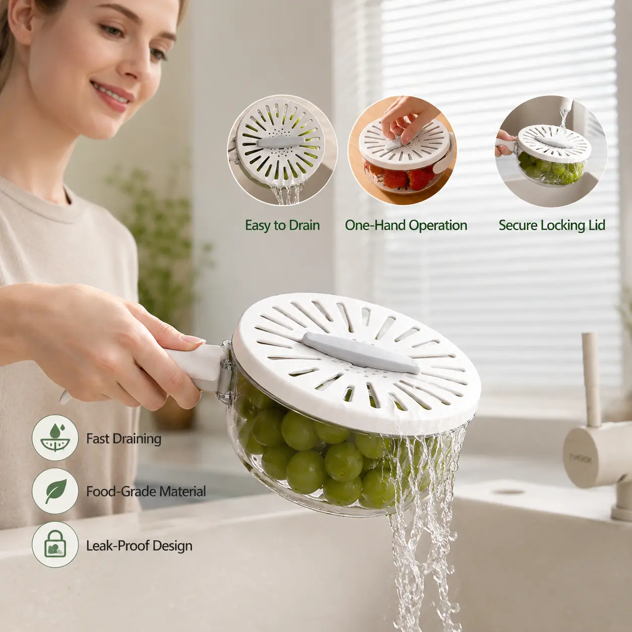 Handheld Leak-Proof Strainer Colander Bowl with Rotating Lid - 1 Count Kitchen Utensils Set for Sink Fruit and Vegetable Washing & Draining