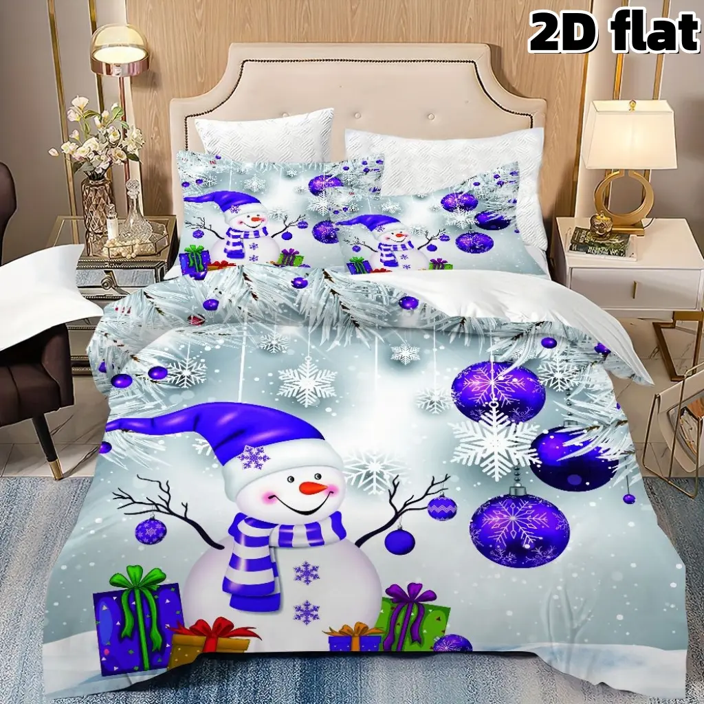 2D Flat 3Pcs Decorative Bedding Set Christmas Snowman Bedding Purple Holiday Duvet Cover Winter Festive Microfiber Quilt Cover Snowflake Pattern Bedroom Decoration Xmas Gift Bedsheet Pillowcases Queen Size Home Decor