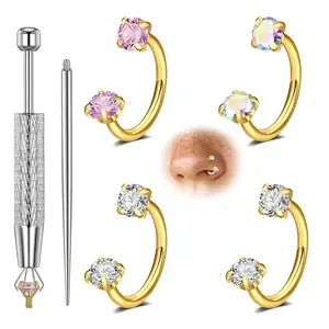 6PCS 316L Medical-grade Stainless Steel Horseshoe Nose Rings Hoops,20G Horseshoe Nose Hoop Internally Threaded Gems Nose Ring with Free Ball Holder & Guiding Needle for Women Men