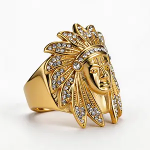 Fanshu Stainless Steel Gold Plated Iced Out Zircon Human Face Indian Chief Punk Rings for Men Women Gift Fashion Hip Hop Jewelry goldplated bling ring