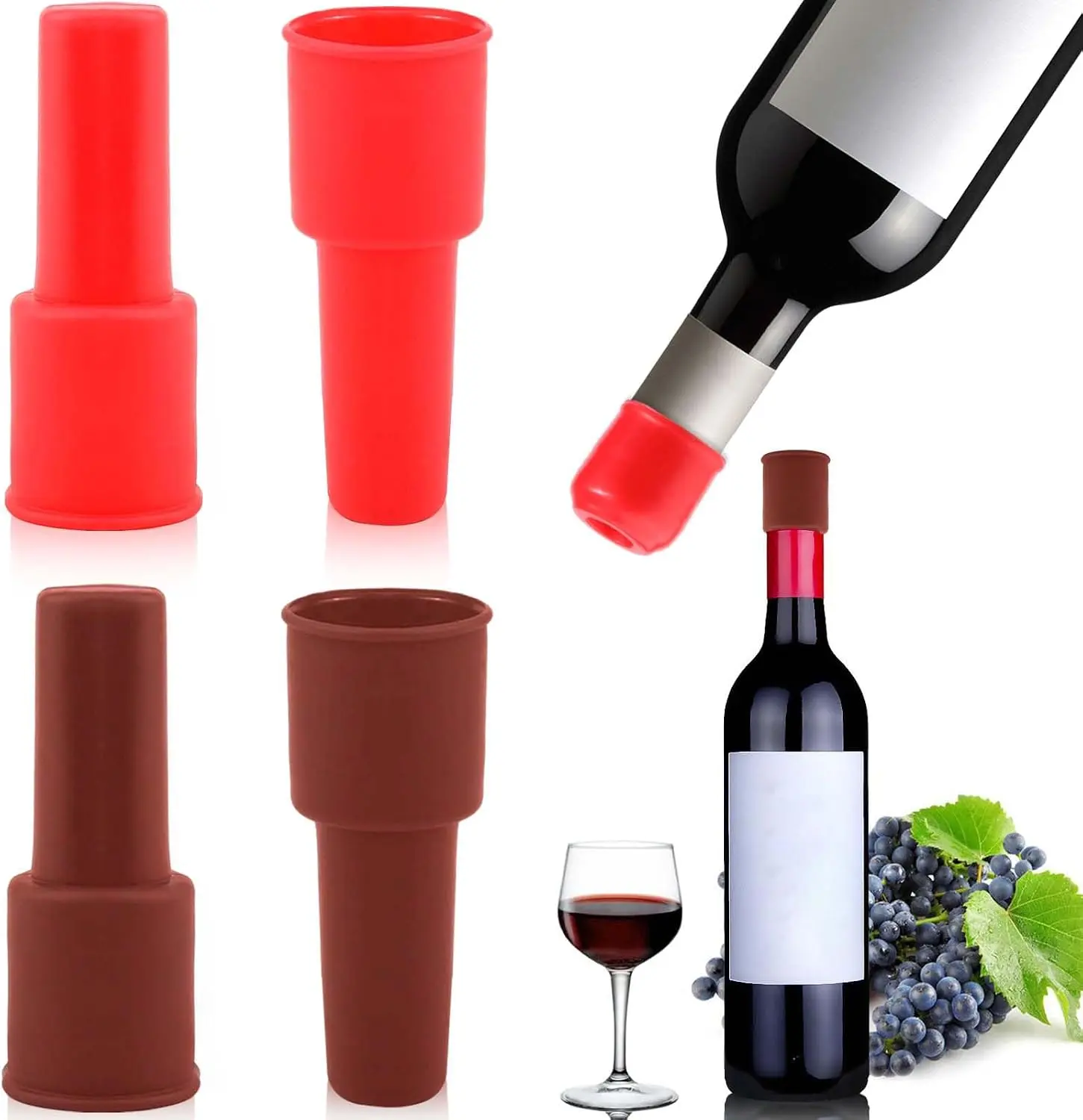 Silicone Wine Stopper,4pcs Reusable and Unbreakable Glass Bottle Sealer Covers Wine Stoppers, Wine Plug,Wine Cork Stopper for Keeping Wine Champagne Fresh Home Use