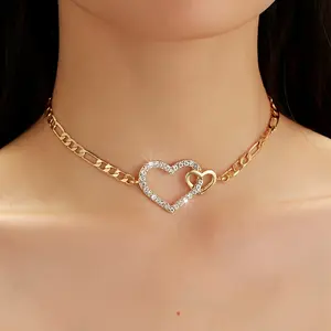 Fashion Double Heart-Shaped Rhinestone Inlaid Simple Heart-Shaped Collarbone Necklace for Women