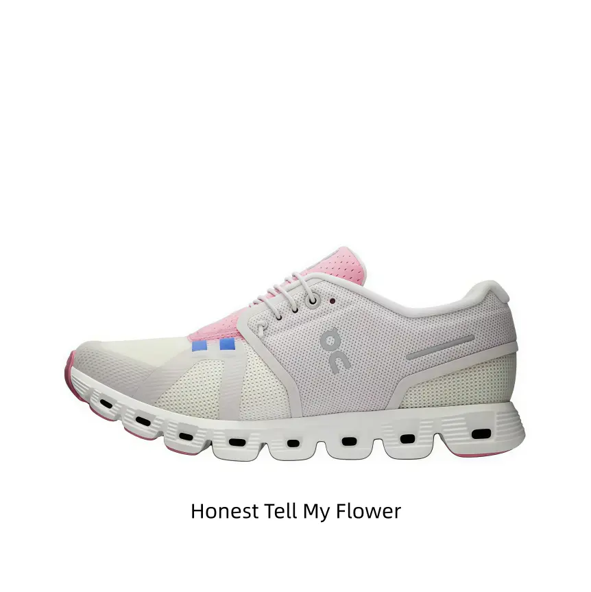 White Breathable Mesh Running Shoes Pink Collar Trim Light Pink Edge Outsole Tiny Blue Strap Accent Segmented Hollow Wave Midsole Lace Up Shock Absorbing Athletic Sneakers For Women Daily Jogging Gym